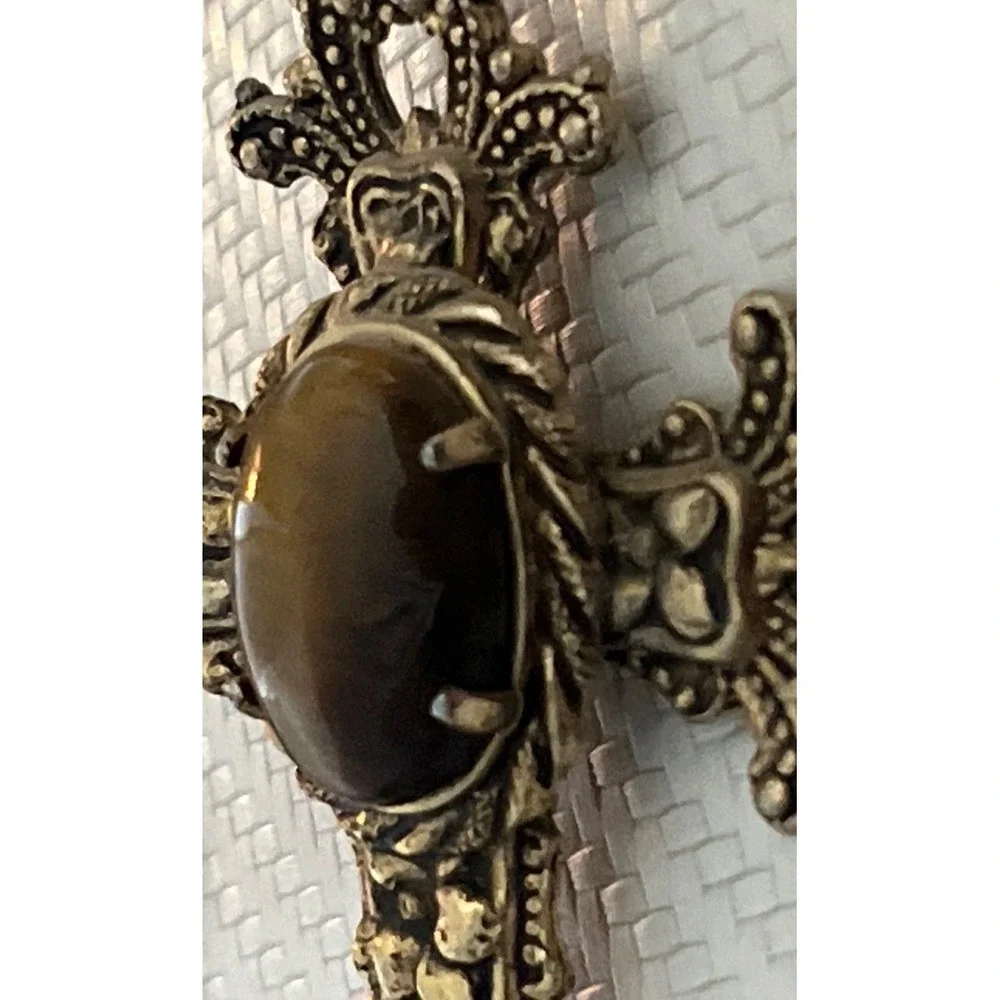 Vintage Ornate Tiger's Eye Cross Pendant Necklace Gold Tone Victorian 24